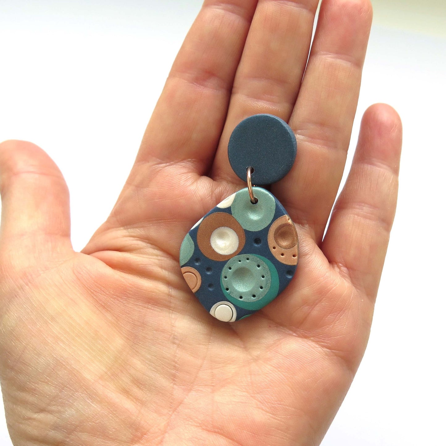 Metallic Dots Curvy Statement Polymer Clay Blue earrings