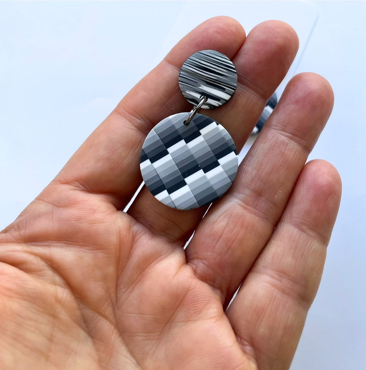 Grey Bargello disc Polymer Clay earrings