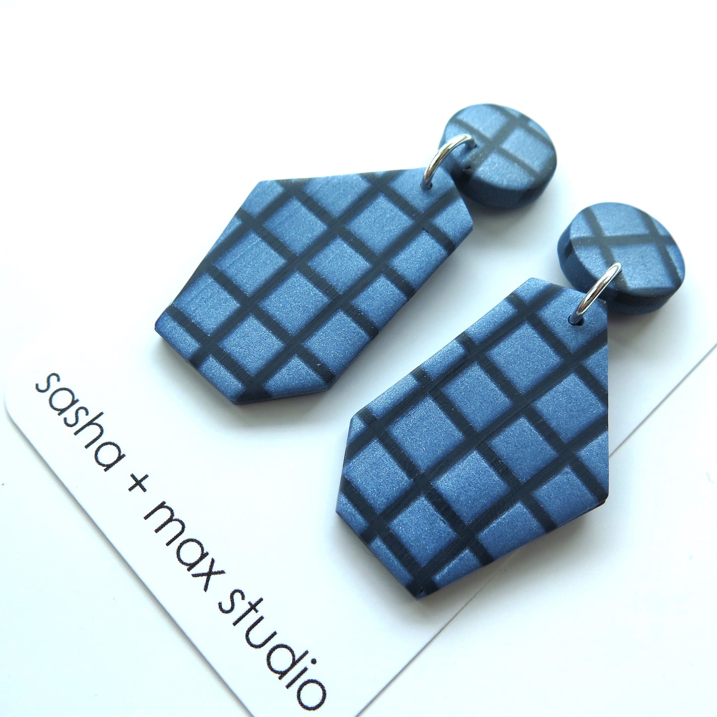 Metallic Blue Grid Wedge statement earrings