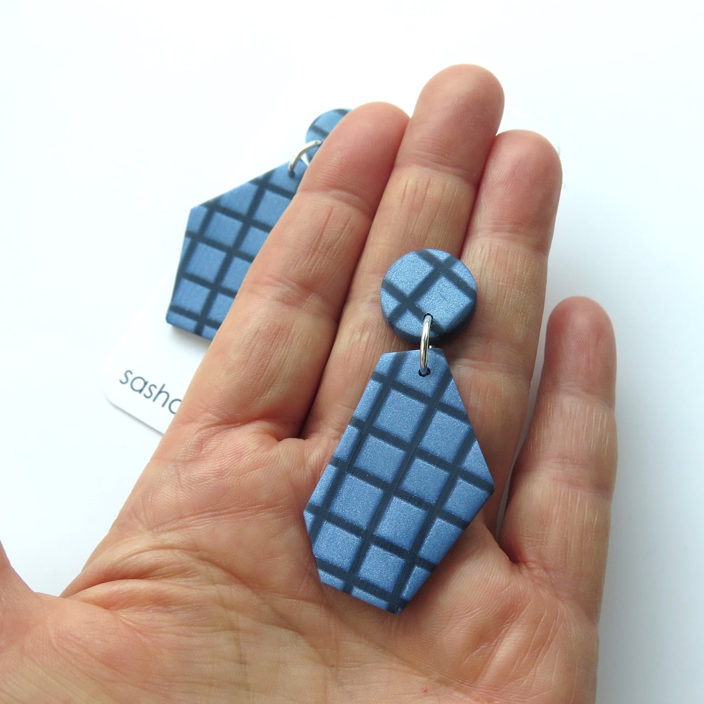 Metallic Blue Grid Wedge statement earrings