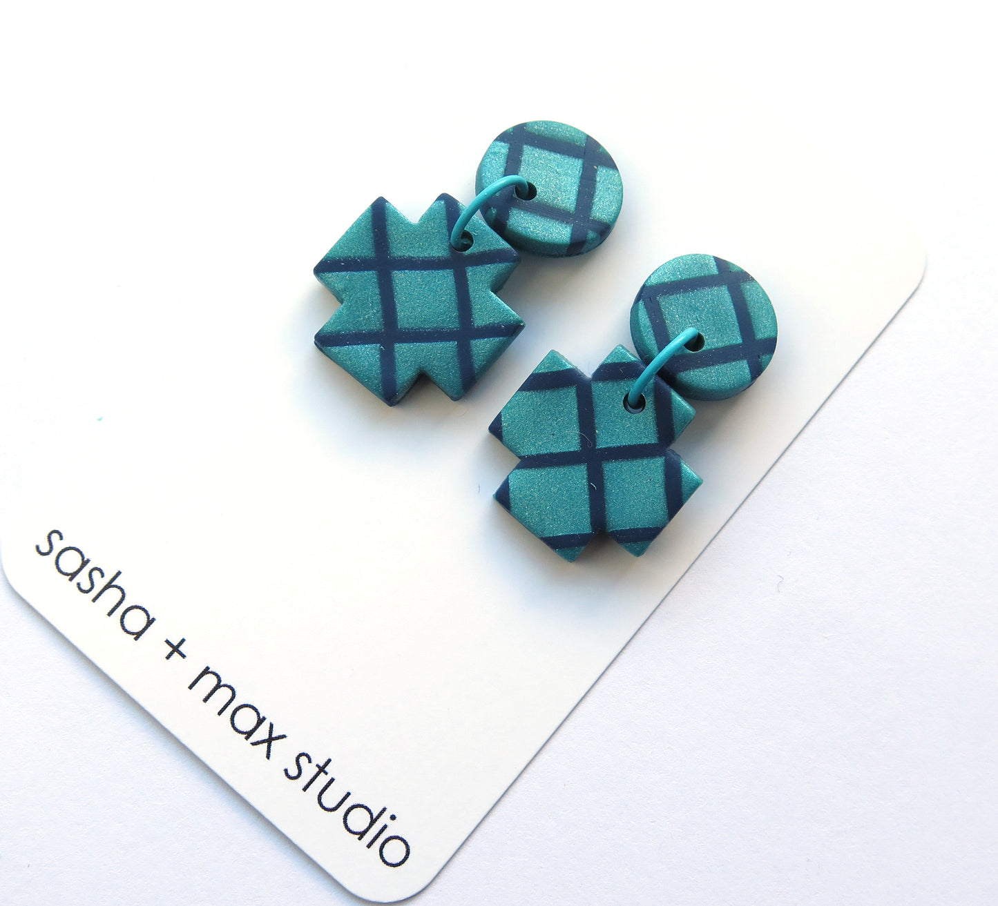 Metallic Teal Grid Cross Double Grid Polymer Clay statement earrings