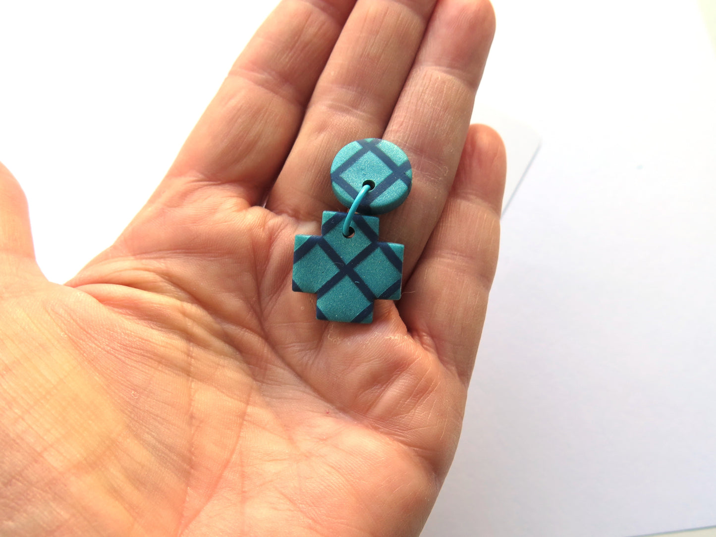 Metallic Teal Grid Cross Double Grid Polymer Clay statement earrings