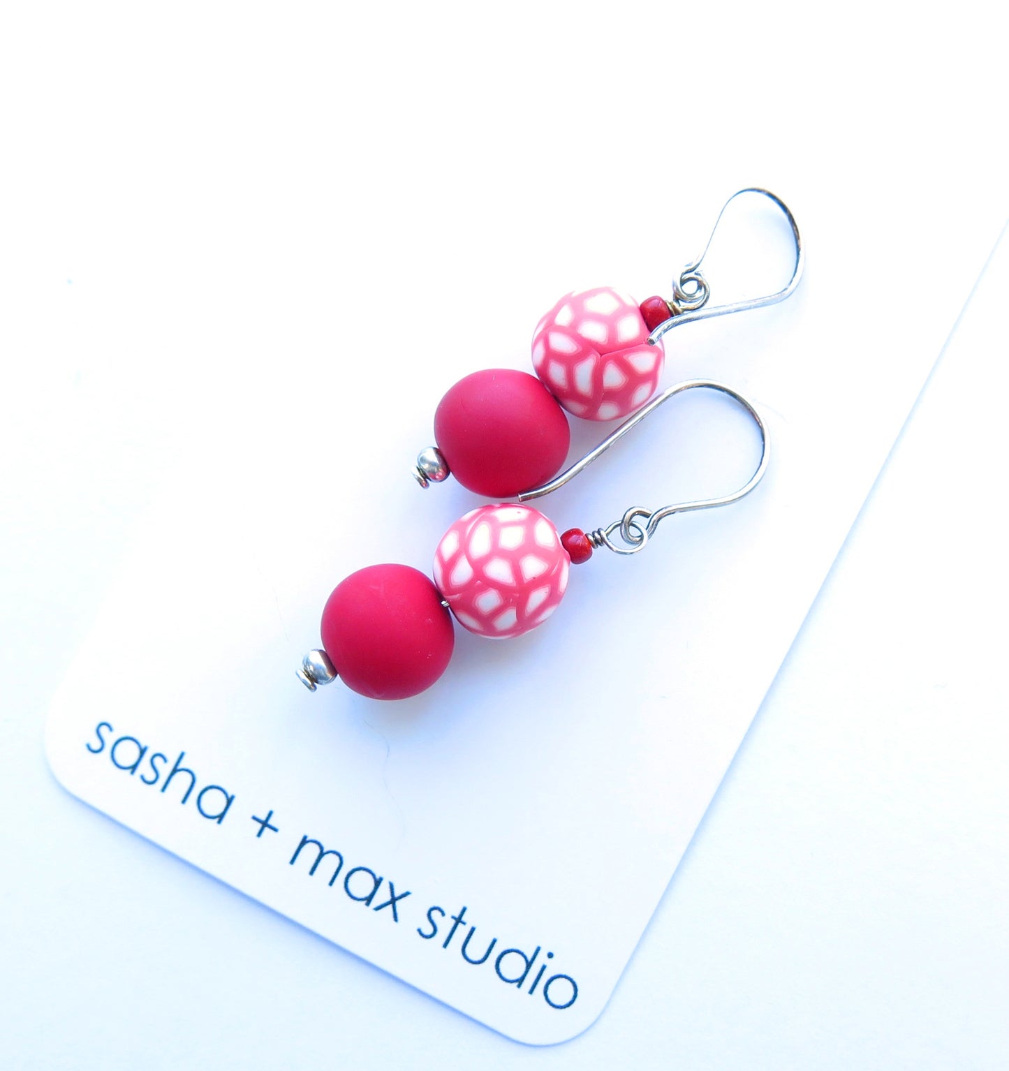 Red and white beaded sterling silver hook drop earrings