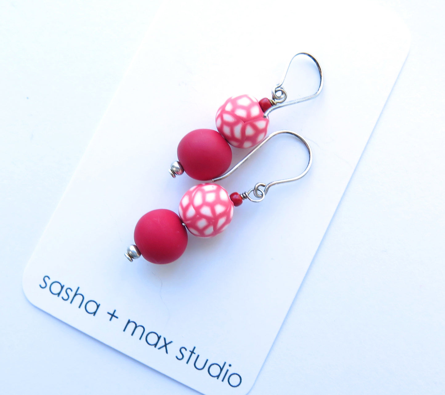 Red and white beaded sterling silver hook drop earrings