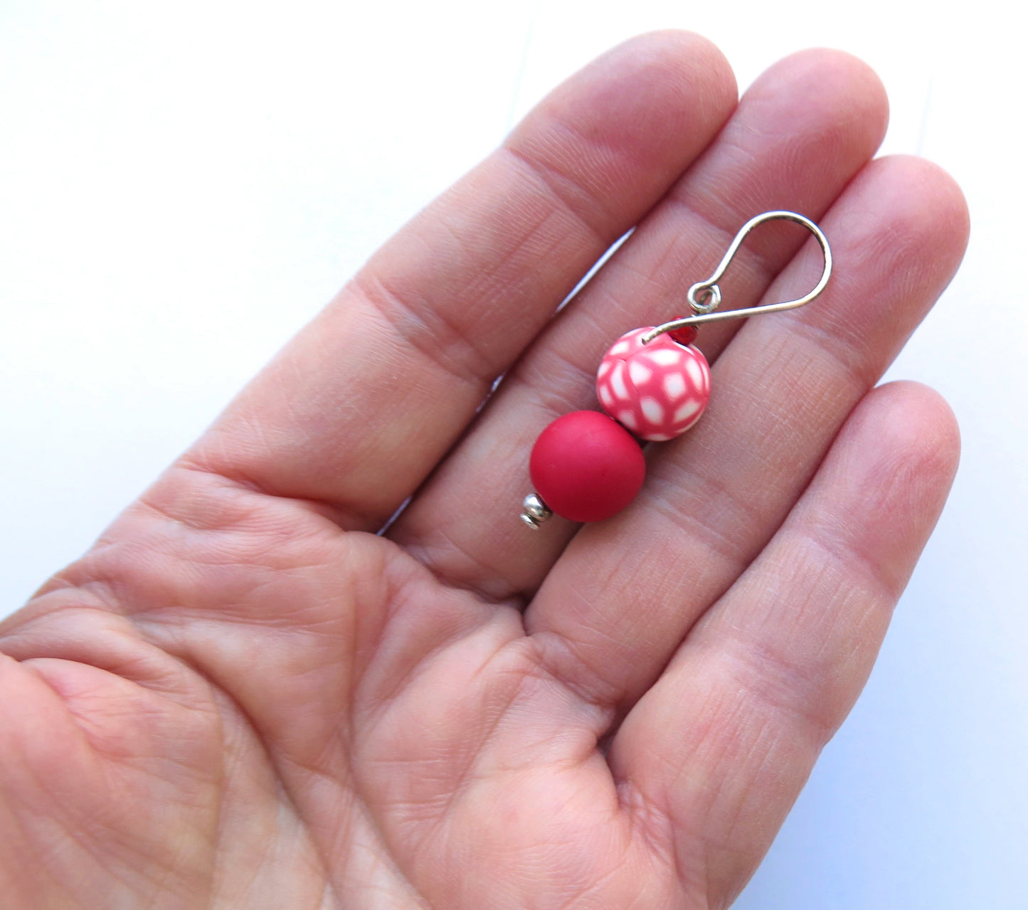 Red and white beaded sterling silver hook drop earrings