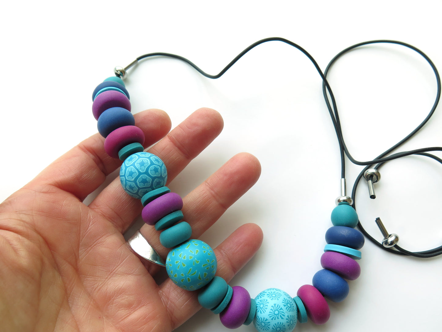 Blue green and teal chunky polymer clay necklace