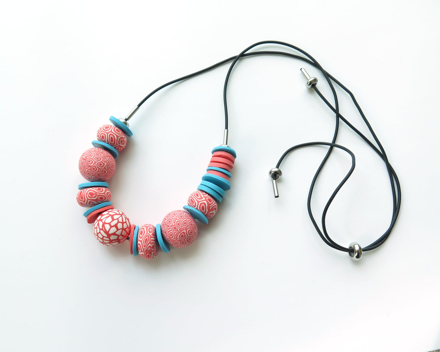 Blue disc + coral swirl statement polymer clay necklace