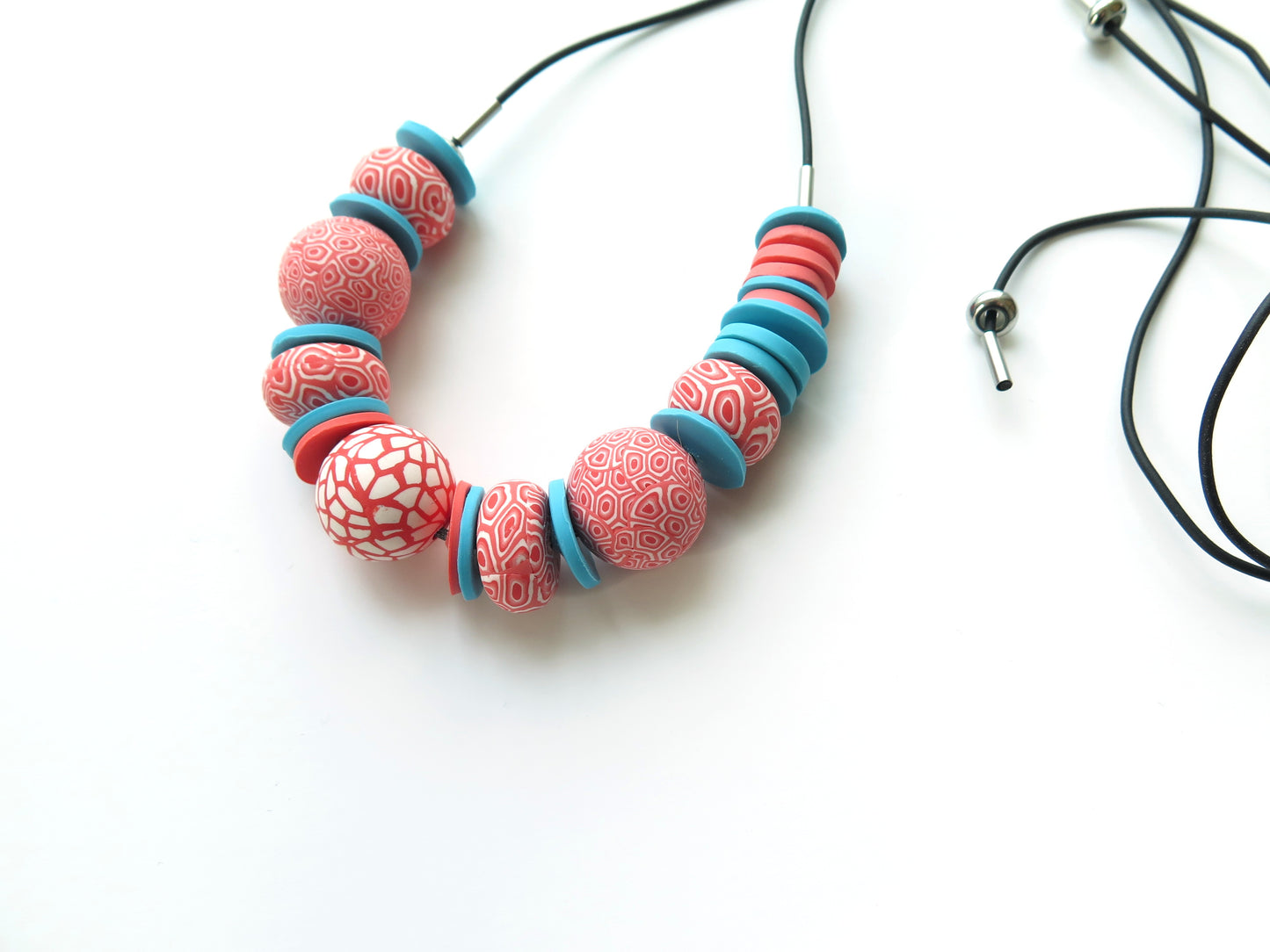 Blue disc + coral swirl statement polymer clay necklace