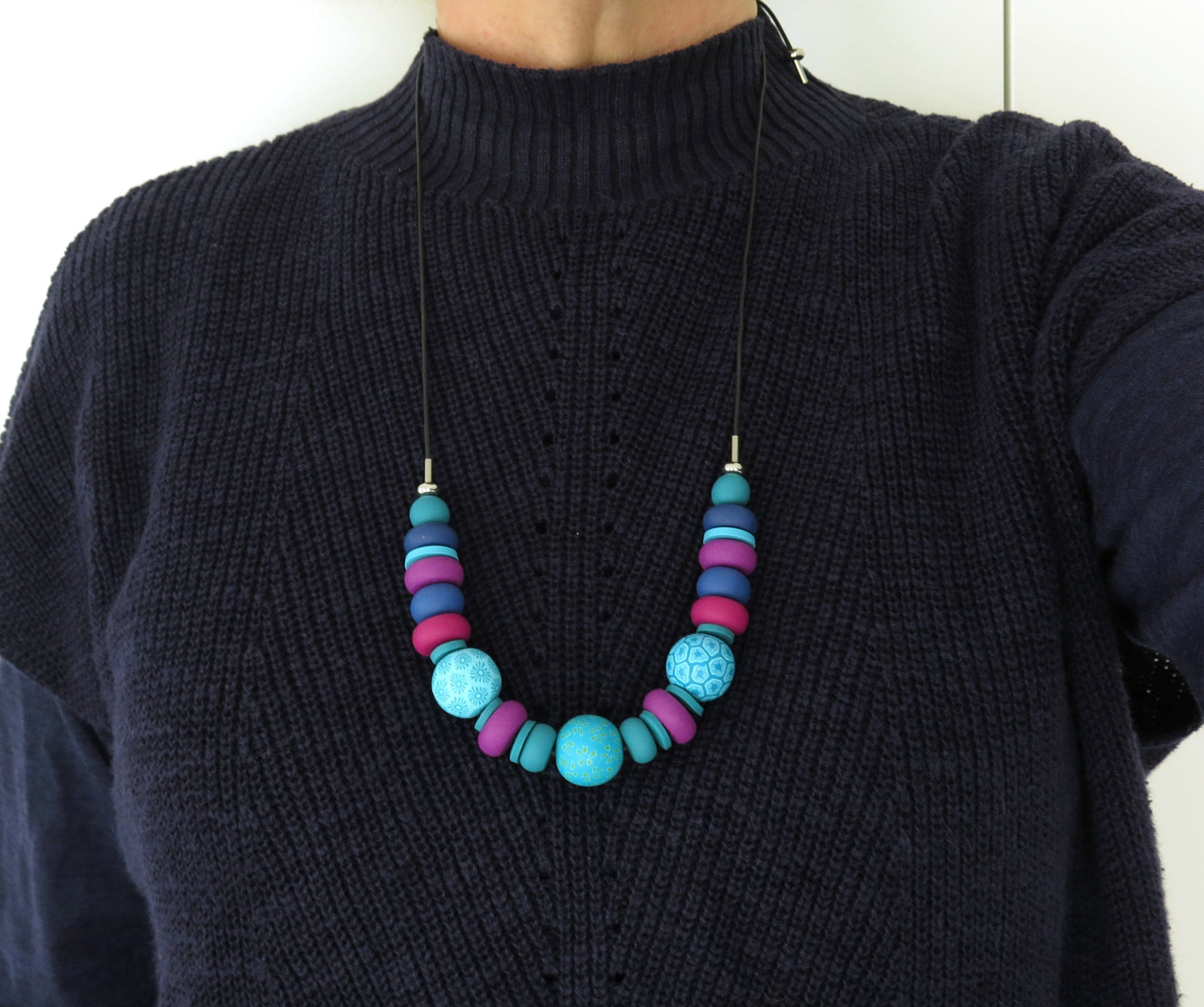 Blue green and teal chunky polymer clay necklace