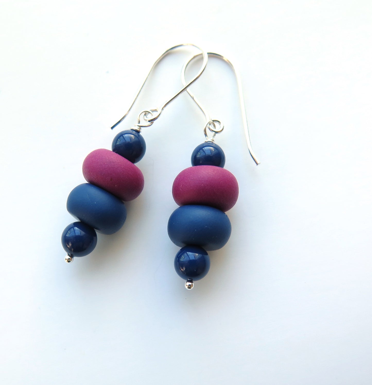 Blue magenta and pearl beaded drop earrings