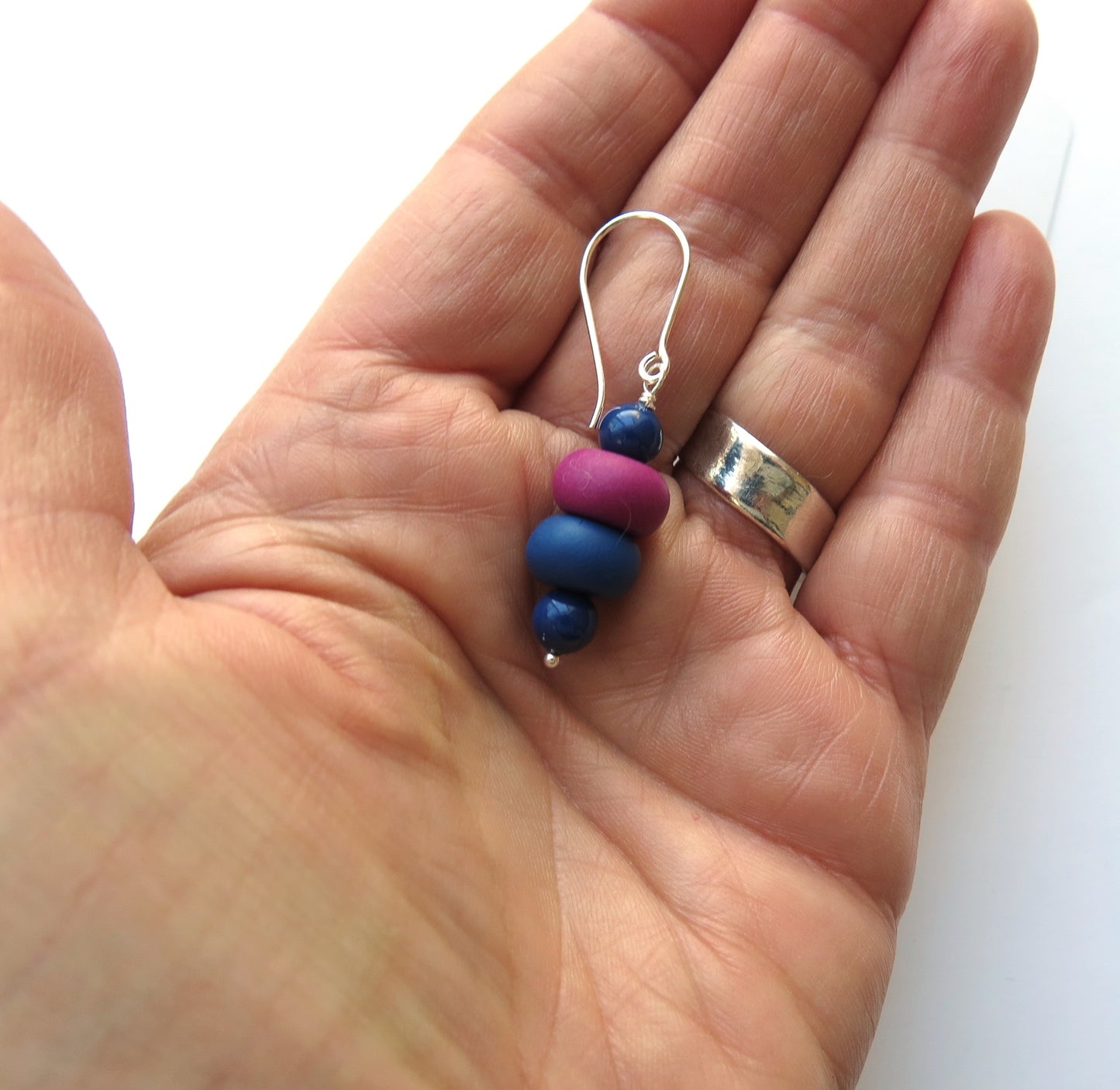 Blue magenta and pearl beaded drop earrings