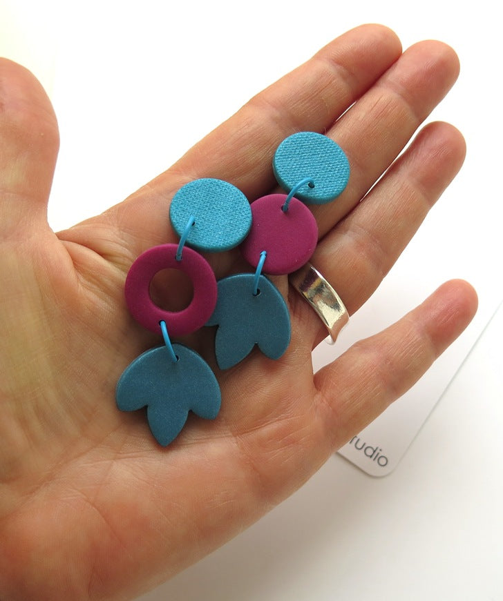 Colour Block Drop Earrings Teal and Pink 1