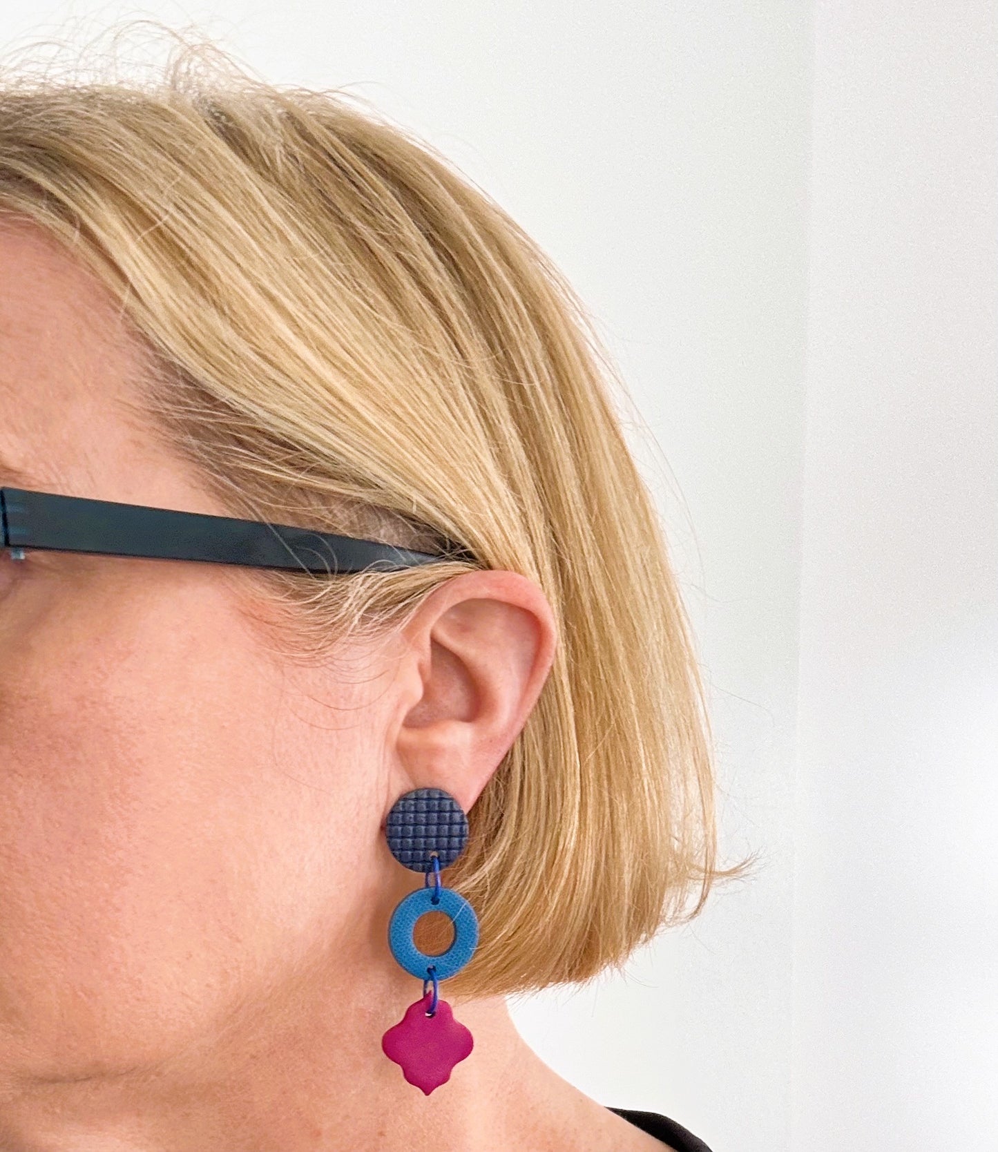 Colour Block Drop Earrings Rings Blue Pink