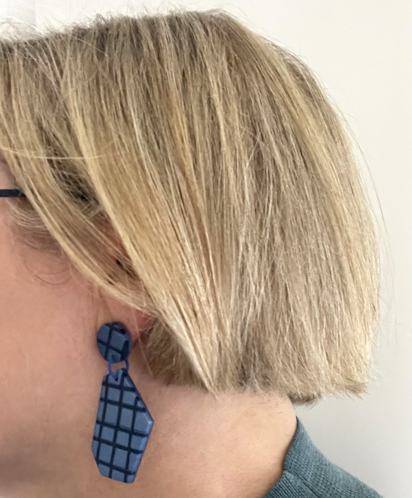 Metallic Blue Grid Wedge statement earrings