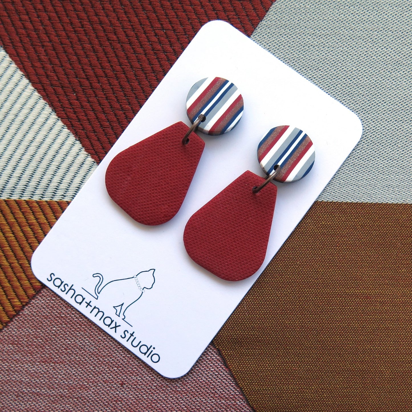 Ticking Stripe pear shape polymer clay earrings