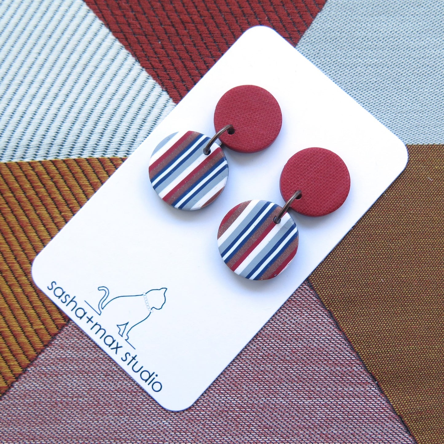 Ticking Stripe small vertical Round polymer clay earrings