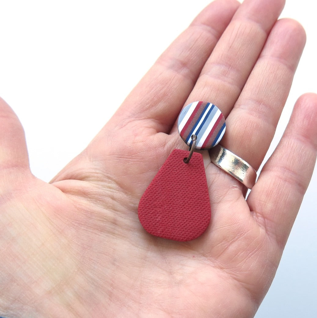 Ticking Stripe pear shape polymer clay earrings