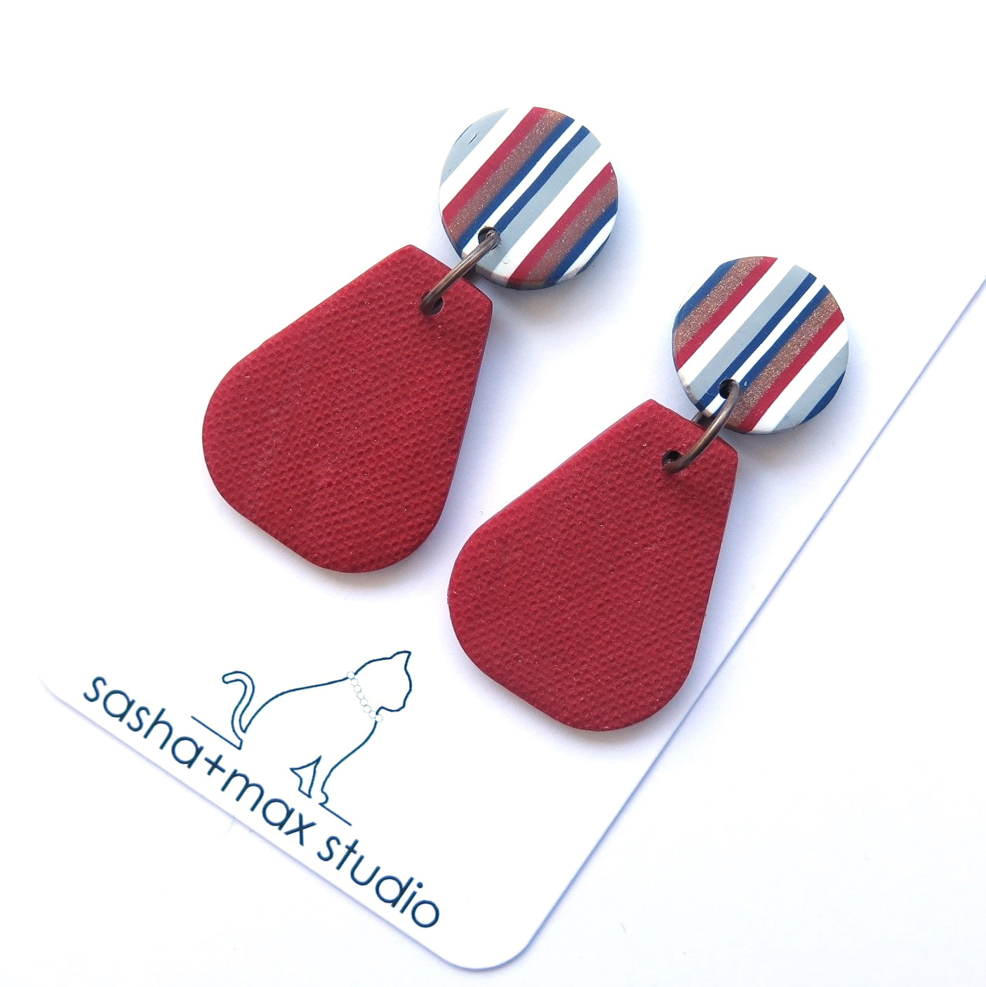 Ticking Stripe pear shape polymer clay earrings