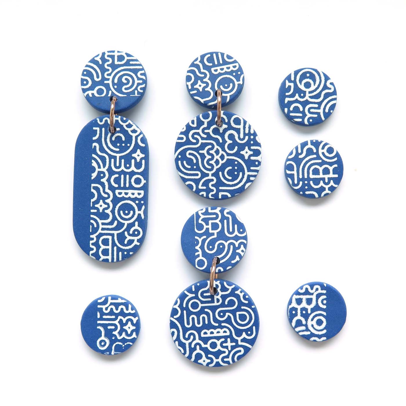 Memphis Blues Earrings - round disc part pattern Polymer Clay