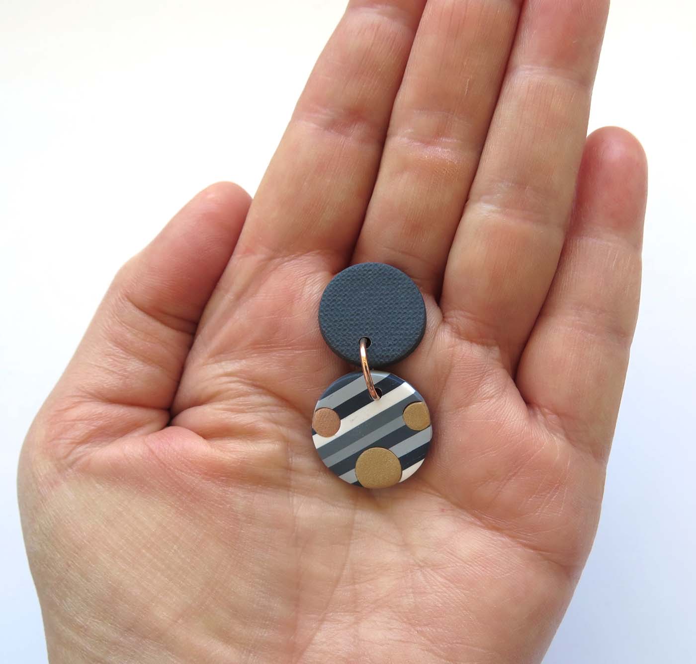 Grey Stripe with metallic dots round statement earrings grey top