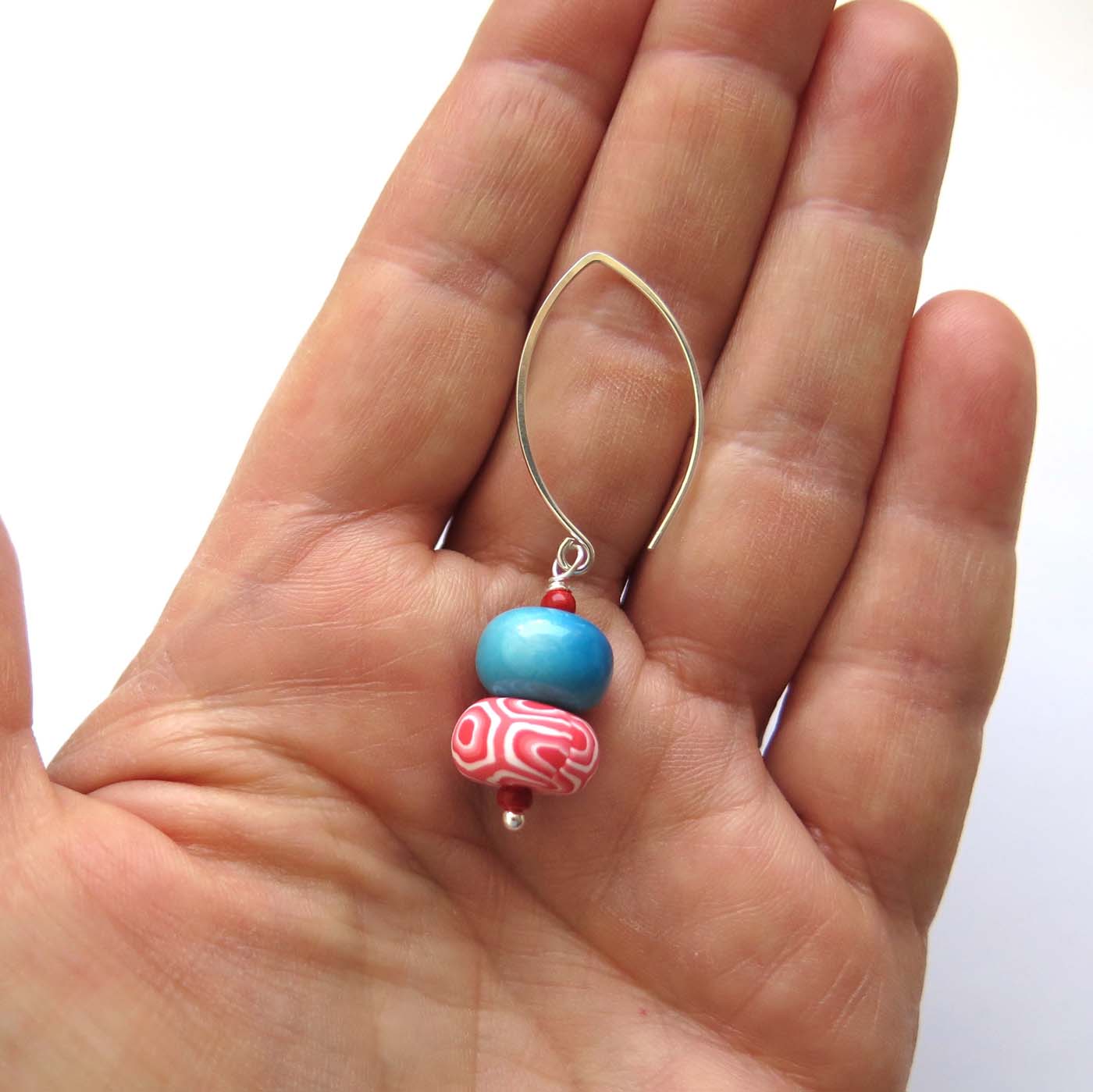 Swirl blue glass beaded sterling silver drop earrings