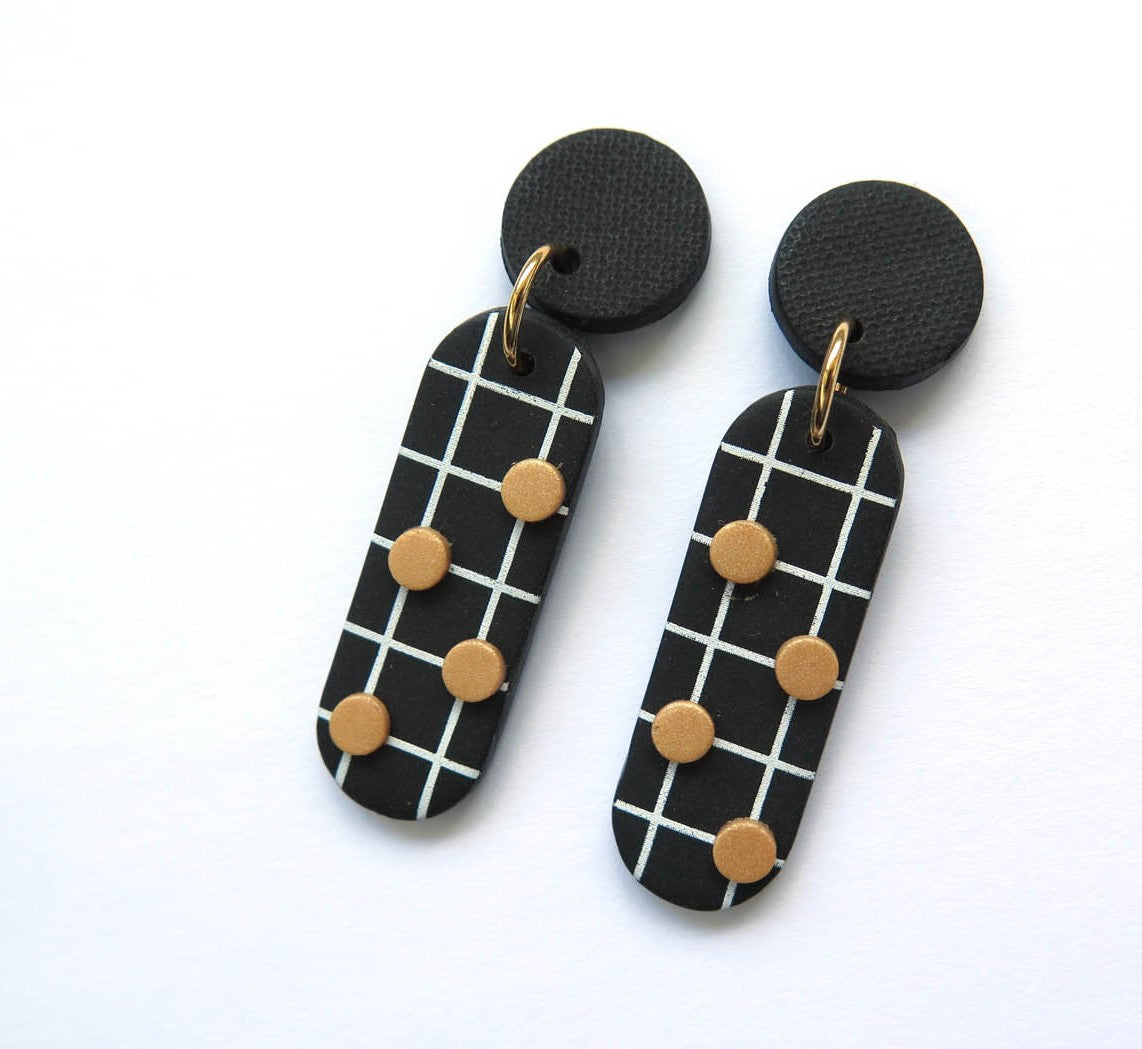 Noughts Black and White drop Statement Earrings 4 dots and black top Polymer Clay