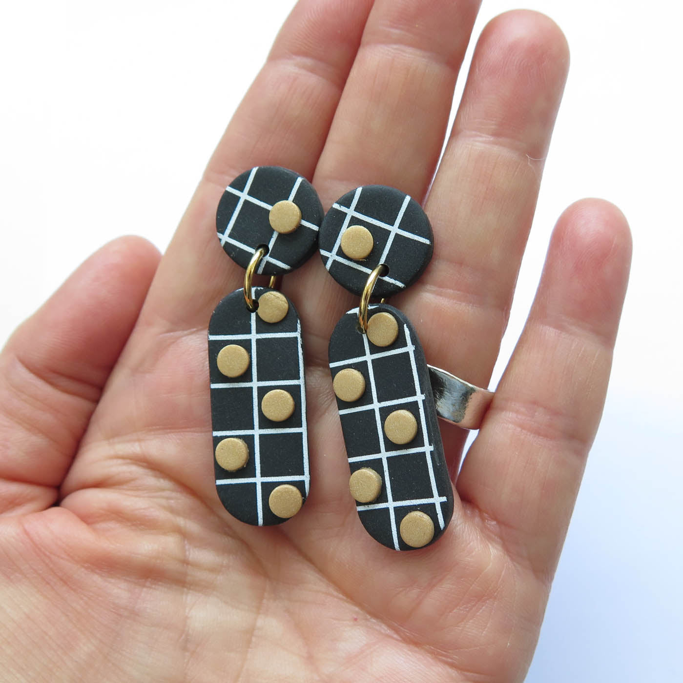 Noughts Black and White drop Statement Earrings 4 dots and top grid Polymer Clay