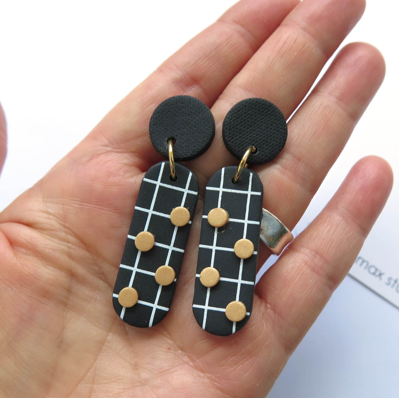 Noughts Black and White drop Statement Earrings 4 dots and black top Polymer Clay