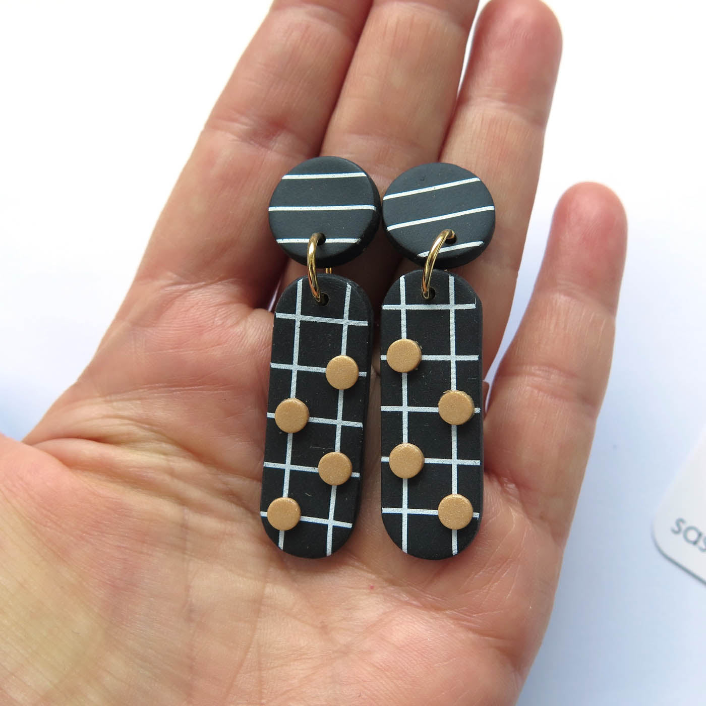 Noughts Black and White drop Statement Earrings 4 dots and stripe