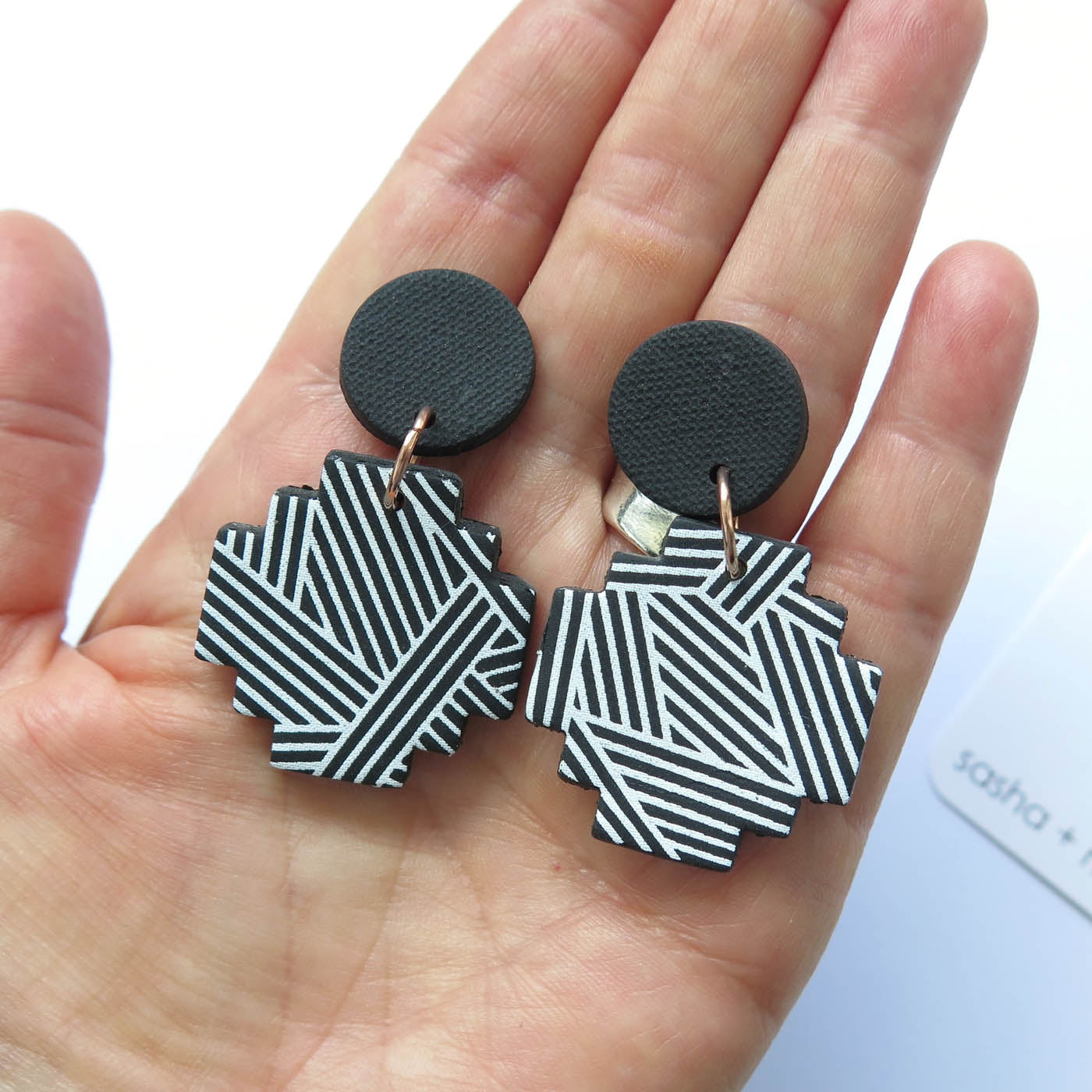 B+W Diagonal Stripe Cross statement Polymer Clay earrings