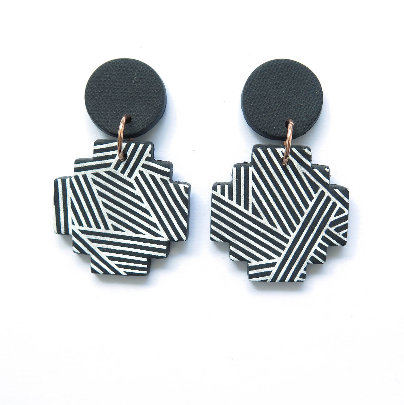 B+W Diagonal Stripe Cross statement Polymer Clay earrings