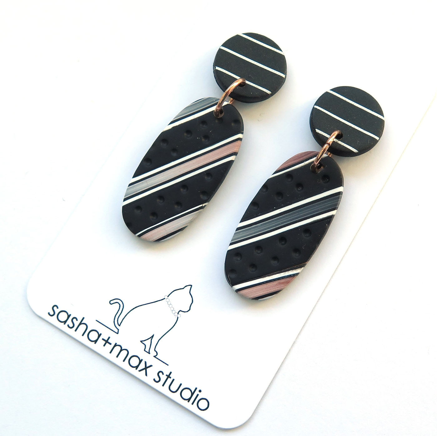 Bronze black and white stripe statement oval earrings