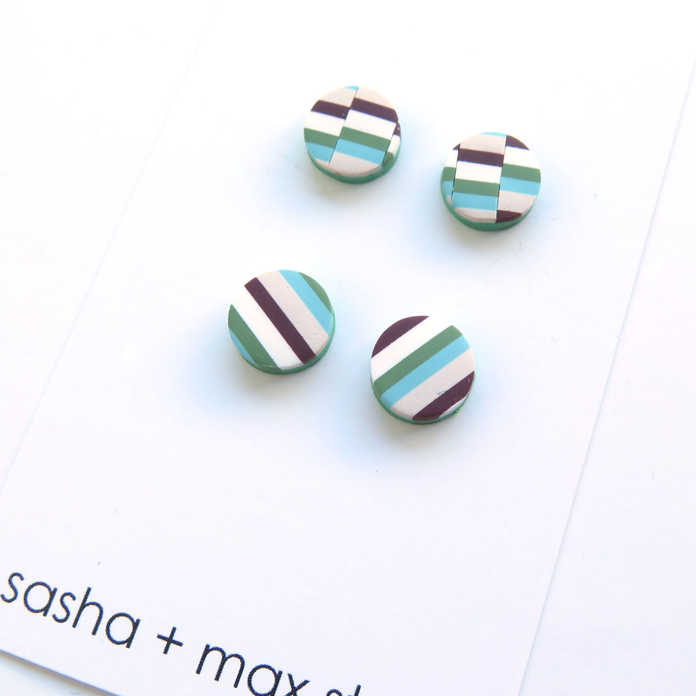 Bargello quilt and stripe mini green stud pack Polymer Clay earrings