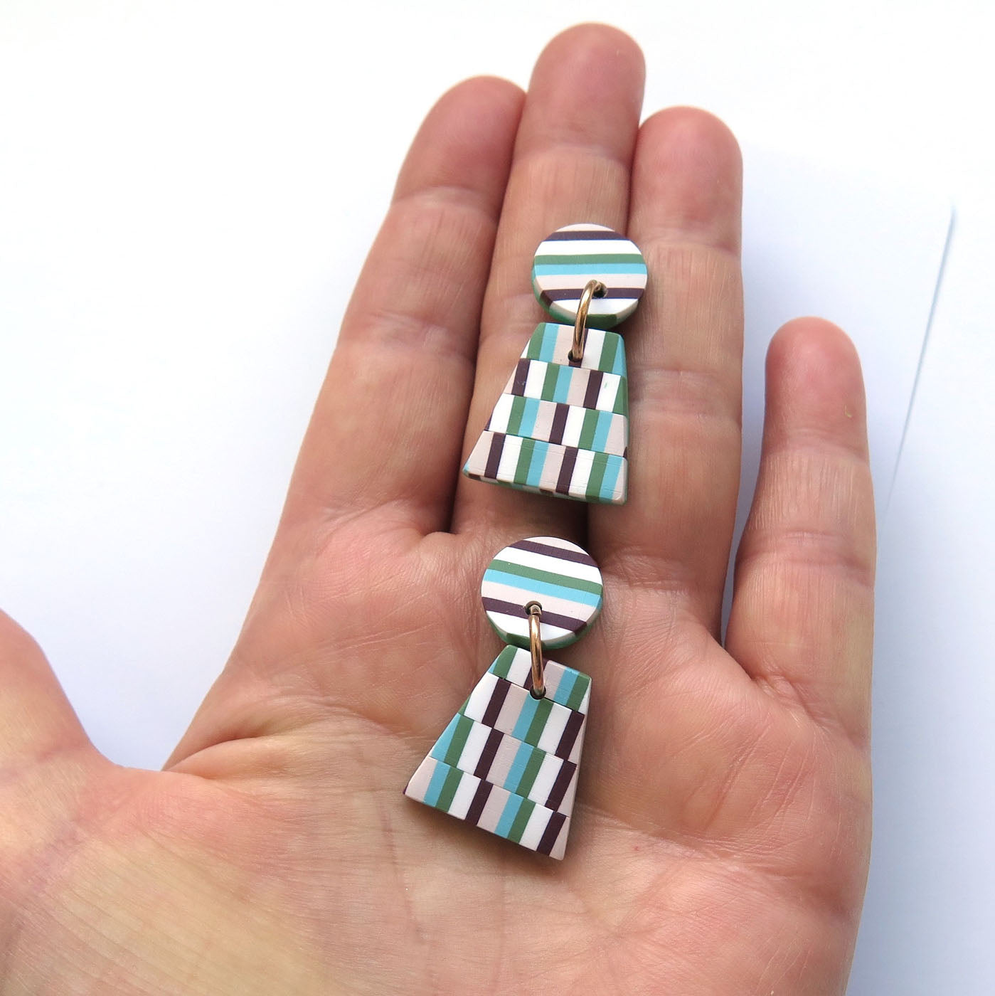 Bargello quilt green pink blue triangle earrings