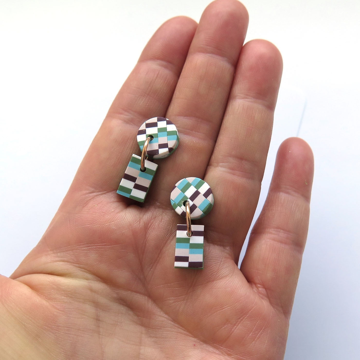 Bargello quilt green mini drop Polymer Clay rectangle earrings