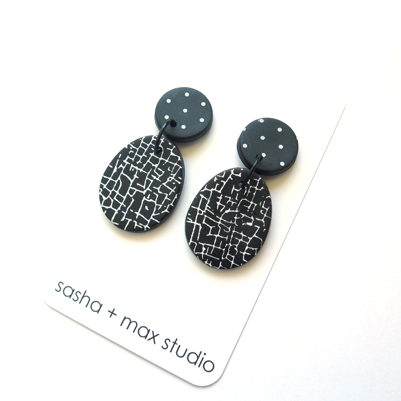 Crackle Black and White Statement Earrings - Egg drop -Polymer Clay