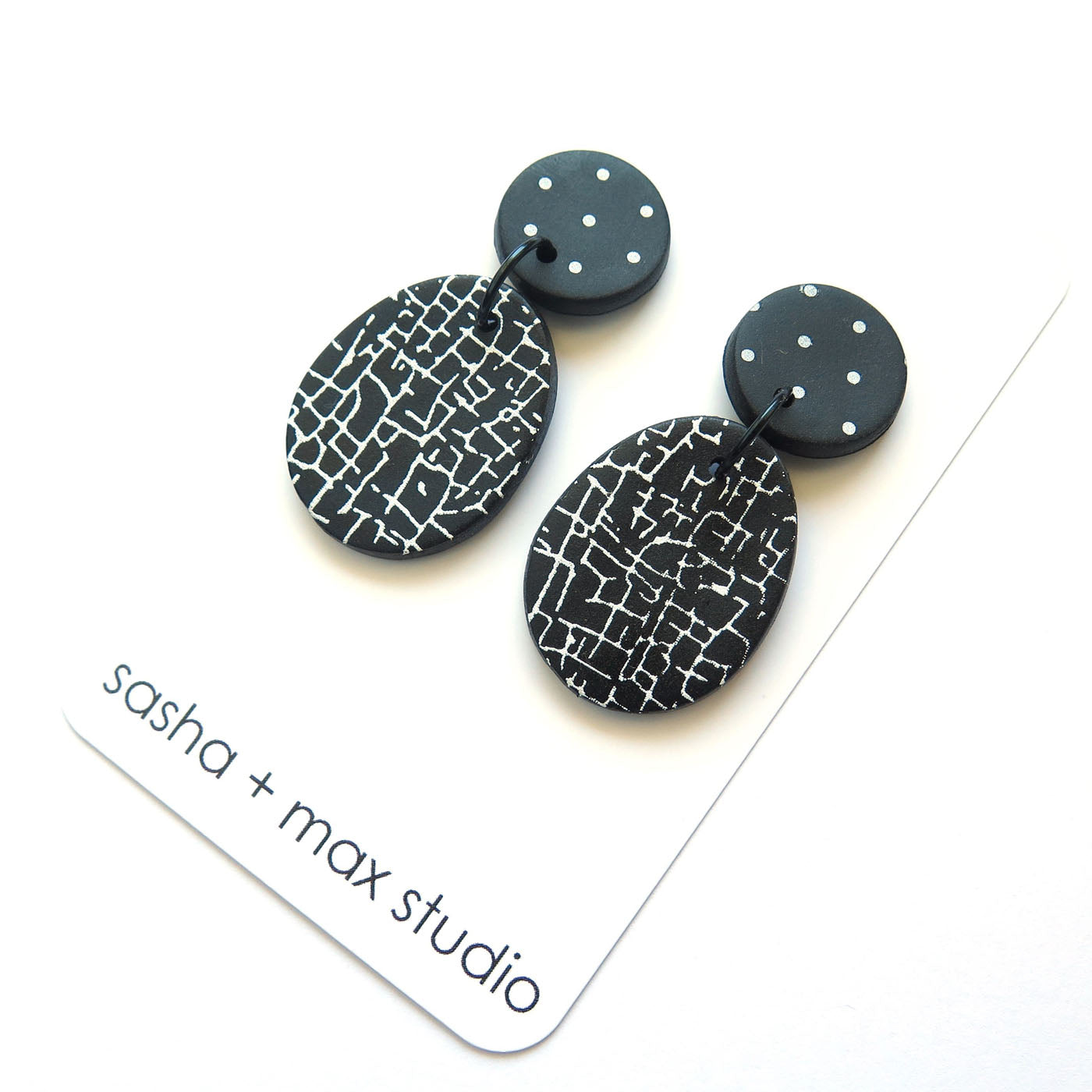 Crackle Black and White Statement Earrings - Egg drop -Polymer Clay