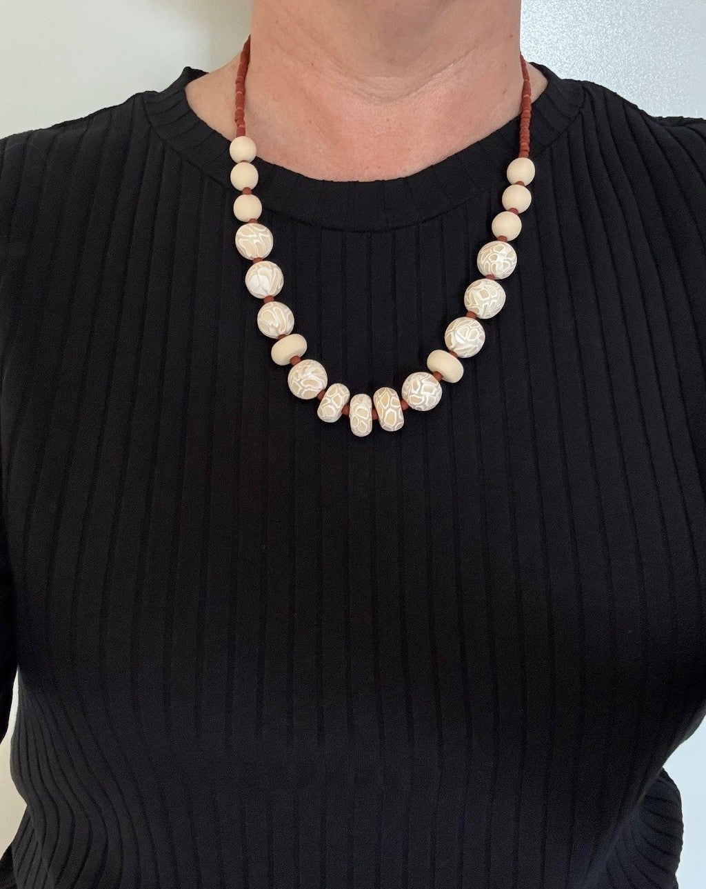 Swirl Ivory and white polymer clay beaded necklace