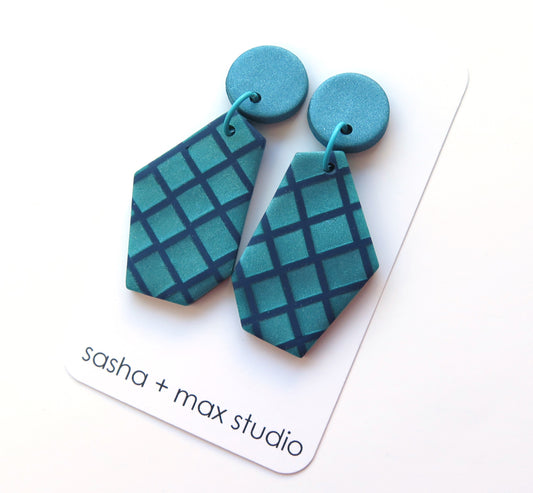 Metallic Teal Grid Wedge statement earrings