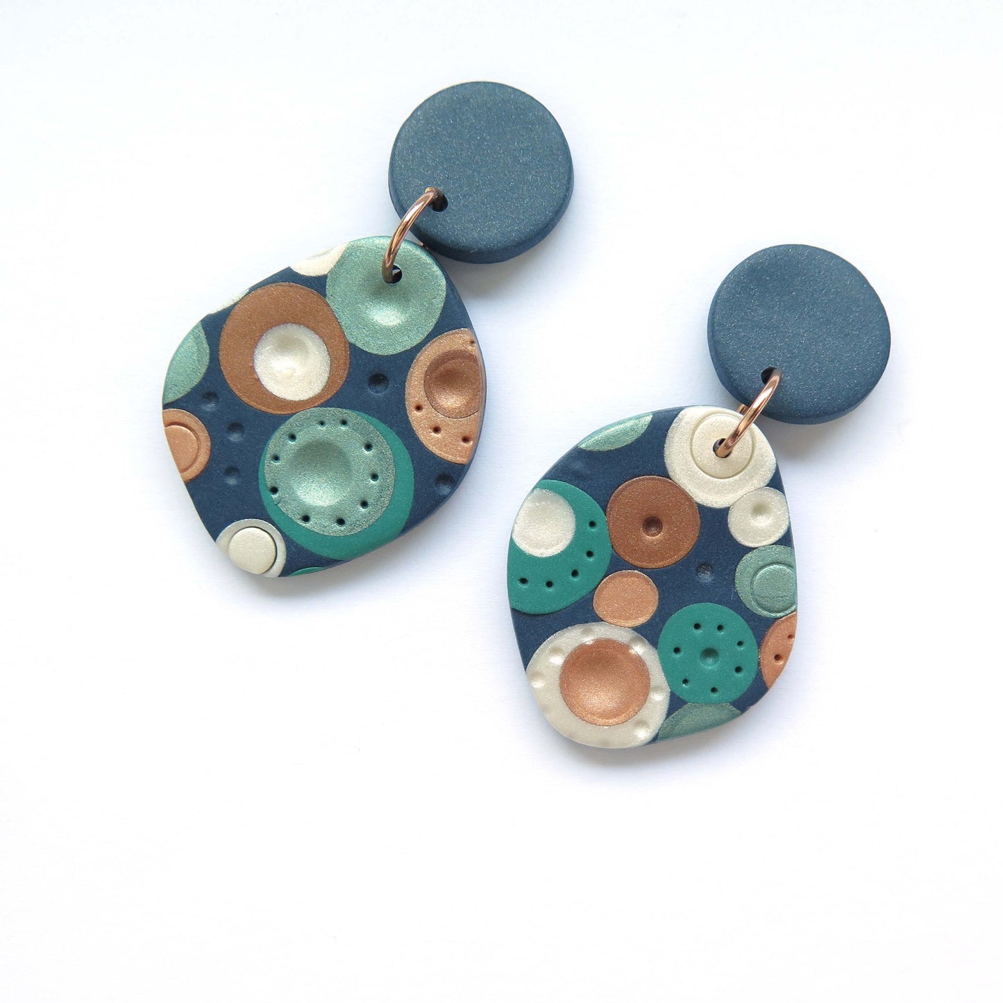Metallic Dots Curvy Statement Polymer Clay Blue earrings