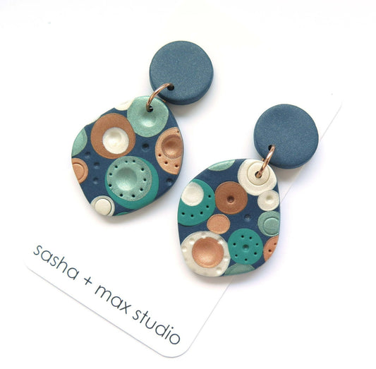 Metallic Dots Curvy Statement Polymer Clay Blue earrings