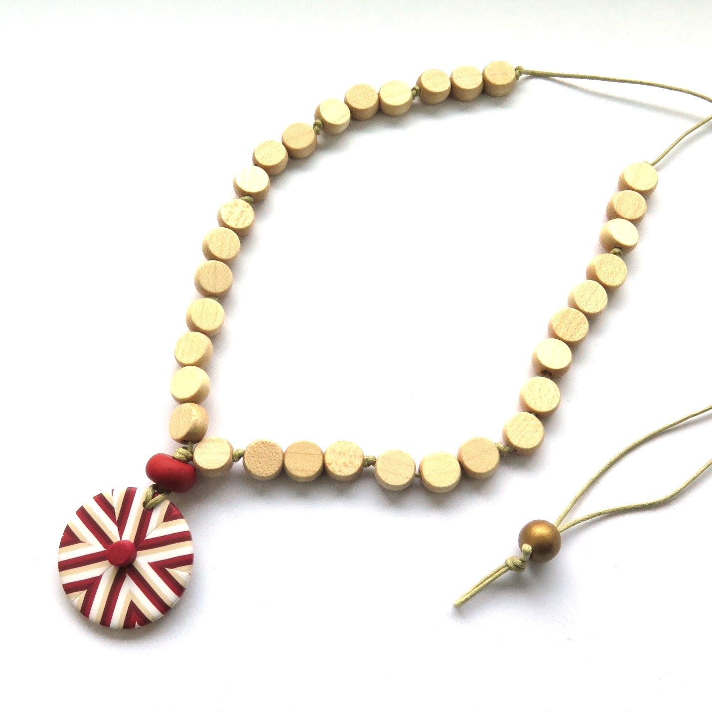 Red Vintage stripe and wood drop pendant necklace