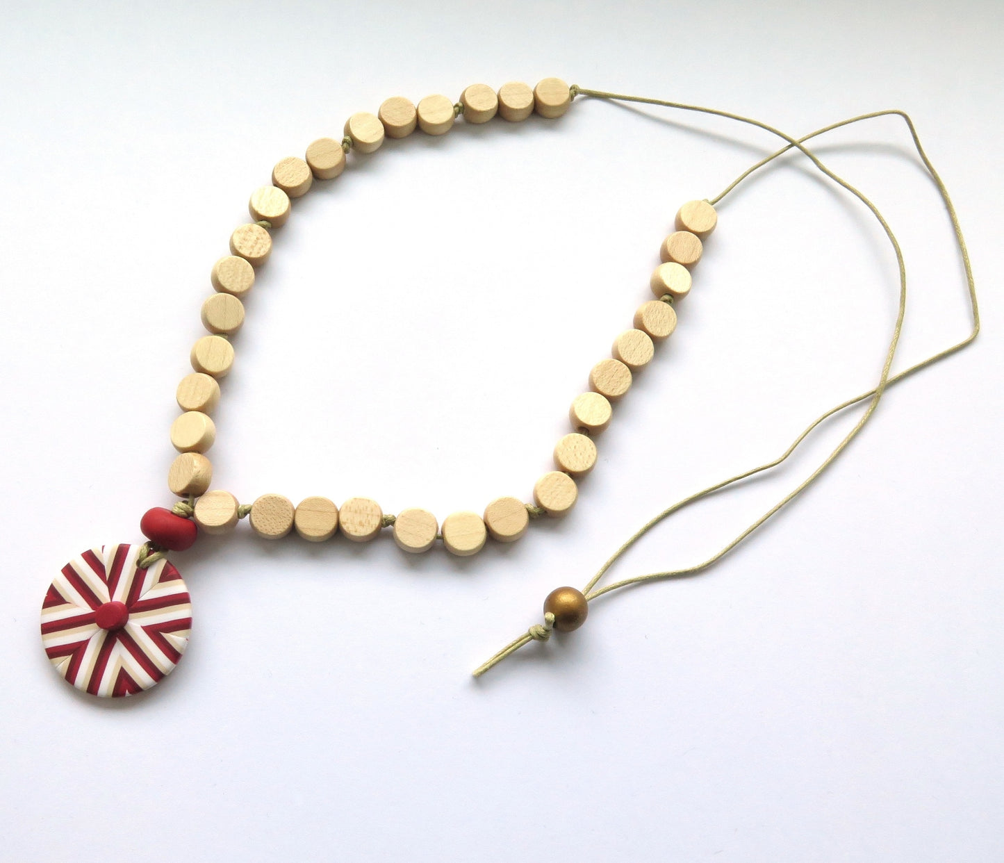 Red Vintage stripe and wood drop pendant necklace