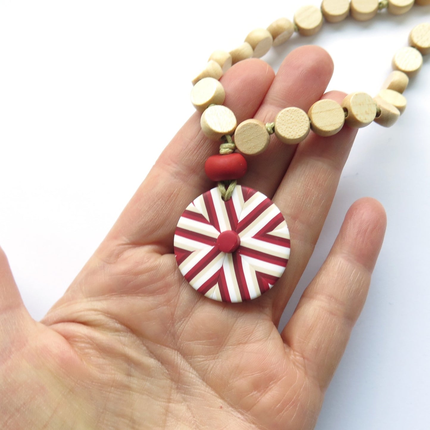 Red Vintage stripe and wood drop pendant necklace