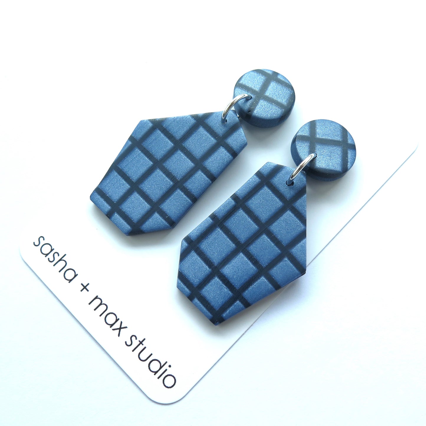 Metallic Blue Grid Wedge statement earrings