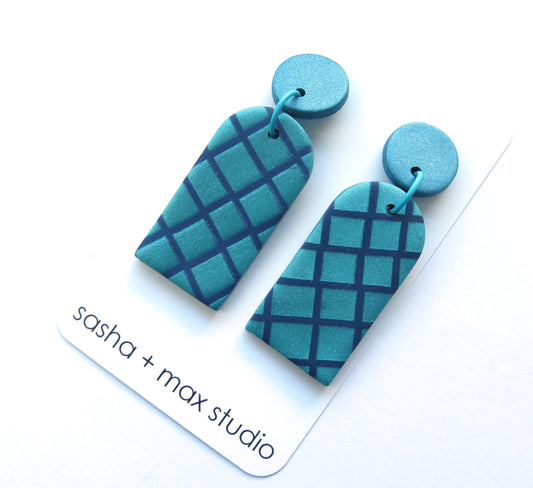 Metallic Teal Grid and Plain Arch Polymer Clay statement earrings