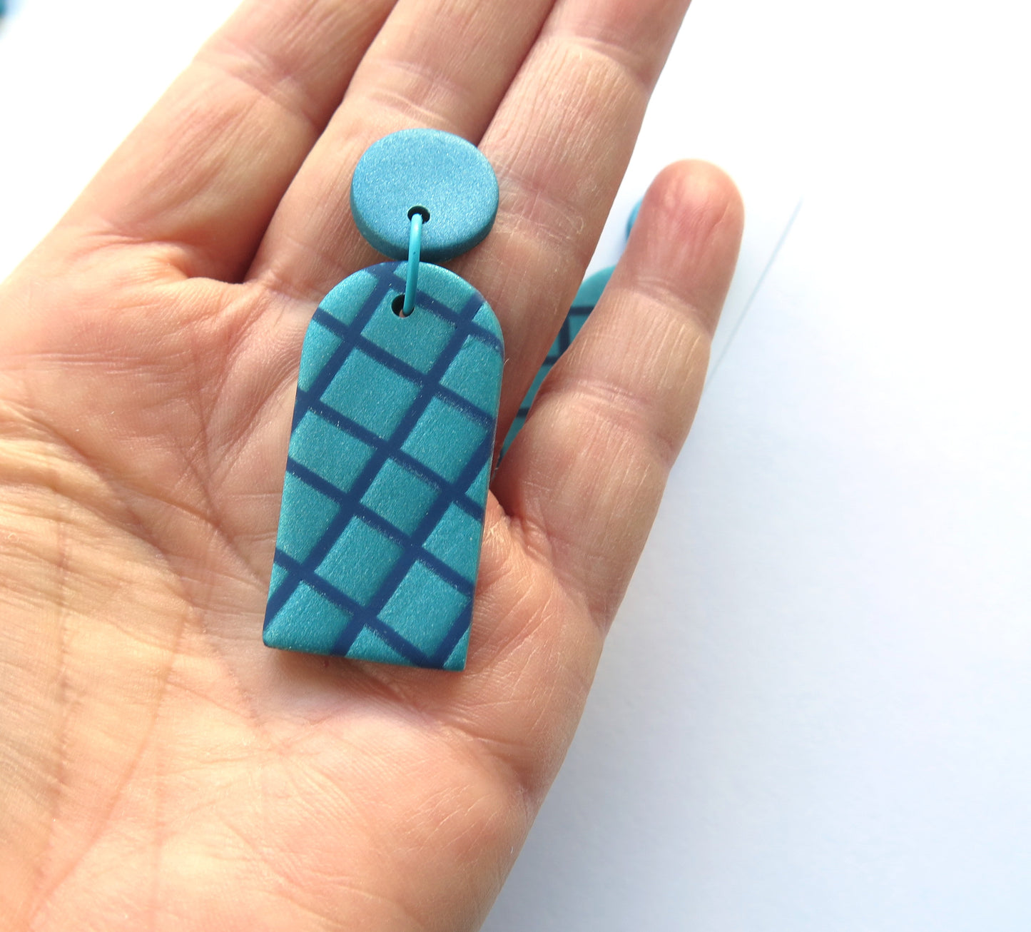 Metallic Teal Grid and Plain Arch Polymer Clay statement earrings