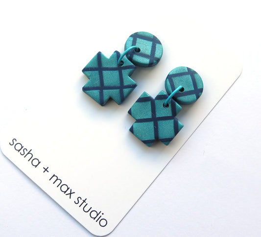 Metallic Teal Grid Cross Double Grid Polymer Clay statement earrings