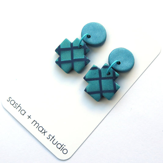 Metallic Teal Grid Cross Polymer Clay statement earrings
