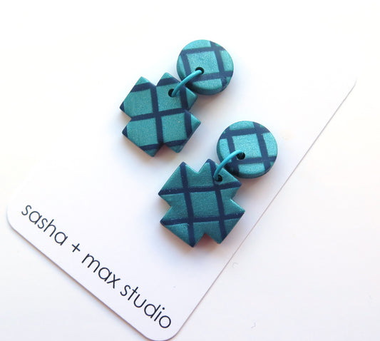 Metallic Teal Grid Cross Polymer Clay statement earrings